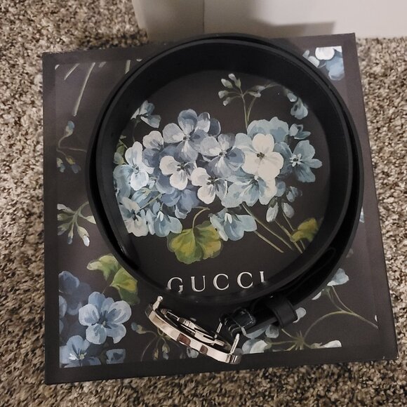 GG Supreme Monogram Blooms Interlocking G Belt Beige Blue Navy - Picture 2 of 7